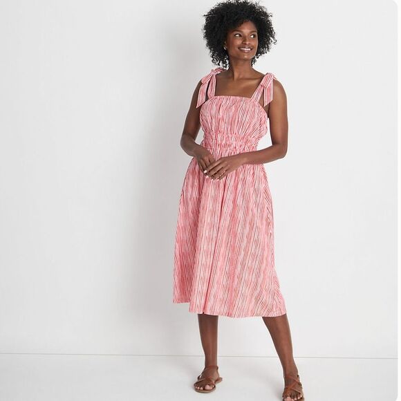 Lands' End Women's Textured Tie Shoulder Midi Dress Red Striped M Medium 10-12 - Picture 1 of 12